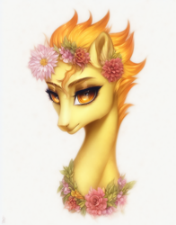 Size: 704x896 | Tagged: safe, imported from derpibooru, spitfire, pegasus, pony, ai content, ai generated, female, flower, flower in hair, mare, simple background, solo, white background