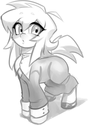Size: 1871x2647 | Tagged: safe, artist:opossum_imoto, imported from derpibooru, oc, oc only, pony, clothes, eyebrows, eyebrows visible through hair, female, high heels, mare, monochrome, shoes, solo, suit