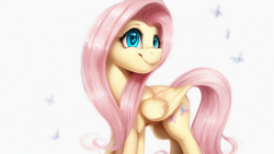 Size: 1024x576 | Tagged: safe, imported from derpibooru, fluttershy, pegasus, pony, ai content, ai generated, cute, female, mare, simple background, solo, white background