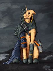 Size: 2000x2667 | Tagged: safe, artist:vsevkad, imported from derpibooru, oc, pony, unicorn, boots, clothes, death stranding, male, shoes, sitting, solo
