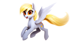 Size: 896x512 | Tagged: safe, imported from derpibooru, derpy hooves, pegasus, pony, ai content, ai generated, cute, female, flying, mare, open mouth, simple background, solo, white background