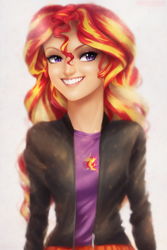 Size: 640x960 | Tagged: safe, imported from derpibooru, sunset shimmer, human, equestria girls, ai content, ai generated, female, simple background, smiling, solo, uncanny valley