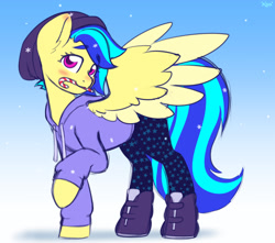 Size: 1806x1598 | Tagged: safe, artist:koapony, imported from derpibooru, oc, oc only, oc:koa, pegasus, pony, beanie, blushing, boots, candy, candy cane, clothes, eyebrows, eyebrows visible through hair, food, hat, hoodie, looking at you, mouth hold, pants, raised eyebrows, shoes, snow, solo, spread wings, wings