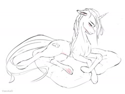 Size: 2000x1500 | Tagged: safe, artist:vsevkad, imported from derpibooru, oc, pony, unicorn, lineart, lying down, relaxing, sketch, sleeping, solo