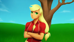 Size: 1024x576 | Tagged: safe, imported from derpibooru, applejack, human, equestria girls, ai content, ai generated, female, generator:stable diffusion, humanized, simple background, solo