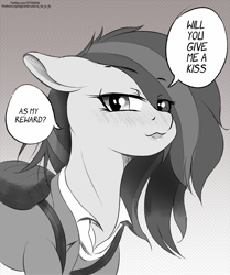Size: 1251x1500 | Tagged: safe, artist:to_fat_to_fly, imported from derpibooru, marble pie, earth pony, pony, blushing, clothes, dialogue, eye clipping through hair, female, grayscale, hair over one eye, looking at you, mare, monochrome, open mouth, shirt, solo, speech bubble, talking to viewer