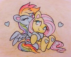 Size: 1280x1036 | Tagged: safe, artist:flutterberrypie, imported from derpibooru, fluttershy, rainbow dash, pegasus, pony, comfy, cute, duo, eyes closed, female, floating heart, flutterdash, folded wings, heart, hoof heart, hug, hug from behind, lesbian, love, mare, one eye closed, pencil drawing, shipping, sitting, smiling, spread wings, traditional art, underhoof, wings