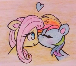 Size: 1280x1115 | Tagged: safe, artist:flutterberrypie, imported from derpibooru, fluttershy, rainbow dash, pegasus, pony, cute, daaaaaaaaaaaw, duo, eyes closed, female, flutterdash, heart, kissing, lesbian, love, nose kiss, pencil drawing, shipping, smiling, traditional art