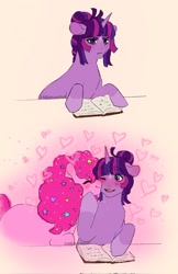 Size: 1328x2048 | Tagged: safe, artist:lilfairyartistt, imported from derpibooru, pinkie pie, twilight sparkle, earth pony, pony, unicorn, book, couple, duo, duo female, female, heart, lesbian, nuzzling, reading, romantic, shipping, twinkie