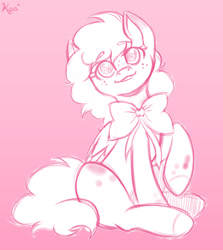 Size: 1053x1180 | Tagged: safe, artist:koapony, imported from derpibooru, oc, oc only, pegasus, pony, bow, coat markings, dappled, eyebrows, eyebrows visible through hair, freckles, gradient background, looking at you, sitting, sketch, smiling, solo