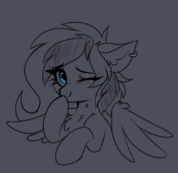 Size: 2674x2595 | Tagged: safe, artist:pesty_skillengton, imported from derpibooru, oc, oc only, oc:luny, pegasus, pony, blushing, chest fluff, ear fluff, ear piercing, earring, female, jewelry, one eye closed, piercing, ring, sketch, smiling, solo, spread wings, wings, wink