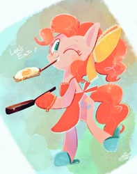 Size: 837x1063 | Tagged: safe, artist:sibashen, imported from derpibooru, pinkie pie, earth pony, pony, apron, bow, clothes, female, fried egg, hair bow, mare, one eye closed, slippers, solo, wink