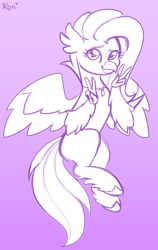 Size: 1123x1779 | Tagged: safe, artist:koapony, imported from derpibooru, oc, oc only, hippogriff, flying, freckles, gradient background, looking at you, peace sign, sketch, smiling, solo, spread wings, victory sign, wings