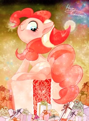 Size: 1132x1537 | Tagged: safe, artist:sibashen, imported from derpibooru, pinkie pie, earth pony, pony, christmas, female, hat, holiday, mare, merry christmas, present, santa hat, solo