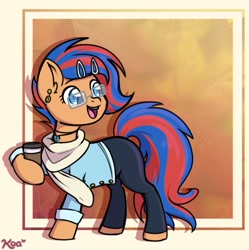 Size: 1493x1500 | Tagged: safe, artist:koapony, imported from derpibooru, oc, oc only, earth pony, pony, clothes, coffee, ear piercing, earring, hairclip, jewelry, looking back, necklace, open mouth, open smile, piercing, scarf, smiling, solo