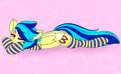 Size: 2119x1303 | Tagged: safe, artist:koapony, imported from derpibooru, oc, oc only, oc:koa, pegasus, pony, clothes, colored wings, colored wingtips, eye clipping through hair, eyebrows, eyebrows visible through hair, lidded eyes, looking at you, lying down, one eye closed, prone, socks, solo, striped socks, thigh highs, two toned wings, wings
