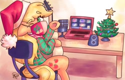 Size: 1412x912 | Tagged: safe, artist:mannybcadavera, imported from derpibooru, applejack, earth pony, pony, chair, christmas, christmas tree, computer, face mask, guitar, hat, holiday, laptop computer, mask, musical instrument, one eye closed, santa hat, solo, tree, wink