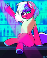 Size: 1500x1848 | Tagged: safe, artist:koapony, imported from derpibooru, oc, oc only, earth pony, pony, bar, crossed legs, ear fluff, ear piercing, earring, eyebrows, eyebrows visible through hair, hoof polish, jewelry, looking at you, one eye closed, piercing, raspberry, smiling, solo, tongue out, wink