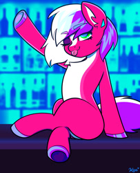 Size: 1500x1848 | Tagged: safe, alternate version, artist:koapony, imported from derpibooru, oc, oc only, earth pony, pony, bar, crossed legs, ear fluff, ear piercing, earring, eyebrows, eyebrows visible through hair, hoof polish, jewelry, looking at you, one eye closed, piercing, raspberry, smiling, solo, tongue out, wink