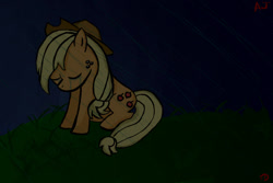 Size: 900x601 | Tagged: safe, artist:zedssparkle, imported from derpibooru, applejack, pony, applejack's hat, cowboy hat, crying, darkness, eyes closed, hat, night, rain, sad, sitting, solo