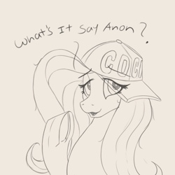Size: 4000x4000 | Tagged: safe, artist:to_fat_to_fly, imported from derpibooru, fluttershy, pegasus, pony, absurd resolution, baseball cap, cap, dialogue, female, frog (hoof), hat, hooves, implied anon, looking up, mare, monochrome, open mouth, raised hoof, simple background, solo, underhoof