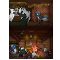 Size: 3000x3000 | Tagged: safe, artist:molars, imported from derpibooru, oc, oc only, earth pony, phoenix, pony, unicorn, bar, bartender, bottle, brick, brick wall, candle, canterlot, chandelier, clothes, detailed background, dress, drinking, fairy lights, female, fire, frame, gold, magic, male, mare, multiple characters, paintings, spy, stallion, suit, telekinesis, waiter, wood