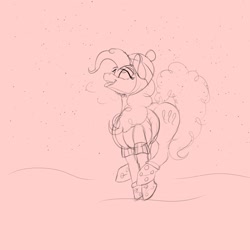 Size: 2048x2048 | Tagged: safe, artist:to_fat_to_fly, imported from derpibooru, pinkie pie, earth pony, pony, boots, breath, catching snowflakes, clothes, coat, female, hat, lidded eyes, looking up, mare, monochrome, open mouth, open smile, shoes, sketch, smiling, snow, snowfall, solo, wool cap