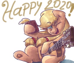 Size: 1146x983 | Tagged: safe, artist:mannybcadavera, imported from derpibooru, applejack, earth pony, pony, 2020, cider, female, guitar, happy new year 2020, mare, musical instrument, old art, one eye closed, open mouth, simple background, solo, text, white background, wink