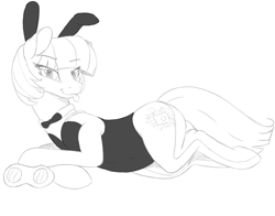 Size: 5098x4000 | Tagged: safe, artist:to_fat_to_fly, imported from derpibooru, photo finish, earth pony, pony, :p, bow, bunny ears, bunny suit, clothes, drawthread, eye clipping through hair, female, goggles, leotard, looking at you, lying down, mare, monochrome, simple background, solo, tongue out, white background