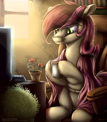 Size: 3383x3827 | Tagged: safe, artist:to_fat_to_fly, imported from derpibooru, roseluck, earth pony, pony, bookshelf, chair, computer, crepuscular rays, cup, female, flower, hoof hold, keyboard, mare, open mouth, potted plant, rose, sitting, solo, steam