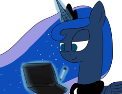 Size: 1019x784 | Tagged: safe, artist:ccortxx, imported from derpibooru, princess luna, alicorn, pony, gamer luna, 3ds, crown, jewelry, magic, magic aura, playing video games, regalia, simple background, smiling, solo, stylus, telekinesis, white background