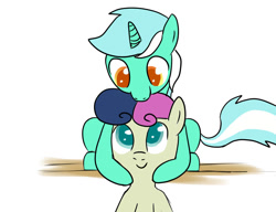 Size: 1019x784 | Tagged: safe, artist:ccortxx, imported from derpibooru, bon bon, lyra heartstrings, sweetie drops, earth pony, pony, unicorn, 30 minute art challenge, couple, female, hug, lesbian, lyrabon, shipping, sitting