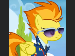 Size: 2160x1620 | Tagged: safe, imported from derpibooru, screencap, spitfire, pegasus, pony, top bolt, annoyed, clothes, cloud, cropped, female, mare, necktie, solo, suit, sunglasses, uniform, whistle necklace, wonderbolts dress uniform