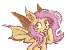 Size: 443x314 | Tagged: safe, artist:fizpup, imported from derpibooru, fluttershy, bat pony, pony, bat ponified, fangs, flutterbat, race swap, simple background, solo, white background