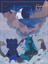 Size: 576x768 | Tagged: artist needed, source needed, safe, imported from derpibooru, nightmare moon, princess luna, queen chrysalis, alicorn, changeling, changeling queen, pony, boat, clothes, cloud, duo, female, mare, moon