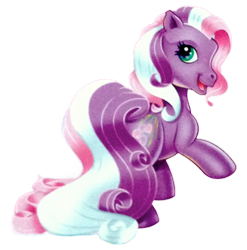 Size: 644x651 | Tagged: safe, imported from derpibooru, wysteria, earth pony, pony, cute, facing away, g3, happy, looking at you, multicolored mane, official, purple coat, raised hoof, simple background, solo, transparent background