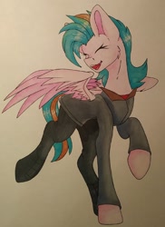 Size: 1488x2048 | Tagged: safe, artist:crasti, imported from derpibooru, oc, oc only, pegasus, pony, clothes, eyes closed, open mouth, pegasus oc, smiling, solo, spread wings, traditional art, wings