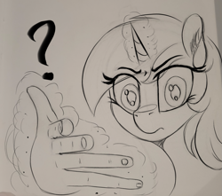 Size: 1697x1500 | Tagged: safe, artist:to_fat_to_fly, imported from derpibooru, lyra heartstrings, pony, unicorn, doodle, ear fluff, female, hand, horn, looking at you, magic, magic hands, mare, monochrome, question mark, solo