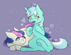 Size: 1243x959 | Tagged: safe, artist:chillykitty, imported from derpibooru, bon bon, lyra heartstrings, sweetie drops, earth pony, pony, unicorn, colored pupils, duo, female, heart, lesbian, lyrabon, shipping