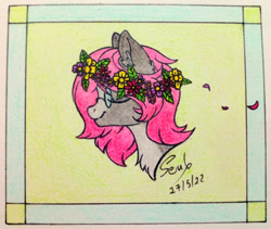 Size: 1280x1081 | Tagged: safe, artist:soulfulmirror, imported from derpibooru, oc, oc only, oc:soulful mirror, pony, bust, eyes closed, floral head wreath, flower, flower in hair, glasses, ponysona, portrait, solo, traditional art