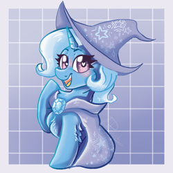 Size: 1000x1000 | Tagged: safe, artist:dankpegasista, derpibooru exclusive, imported from derpibooru, trixie, pony, unicorn, big eyes, big smile, blue fur, blue mane, blushing, brooch, cape, checkered background, chest fluff, chibi, clothes, cmyk, curly hair, cute, diatrixes, eyelashes, female, full body, gem, happy, hat, heart, heart eyes, highlights, jewelry, krita, lineart, looking at you, no ears, passepartout, purple background, raised hoof, shading, signature, simple background, smiling, smiling at you, smol, solo, stars, trixie's cape, trixie's hat, wingding eyes