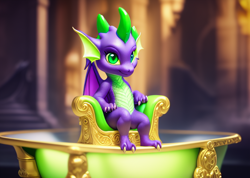 Size: 720x512 | Tagged: safe, imported from derpibooru, spike, dragon, ai content, ai generated, cute, generator:stable diffusion, male, solo, throne