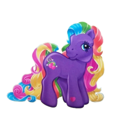 Size: 1200x1200 | Tagged: safe, imported from derpibooru, rainbowberry, earth pony, pony, curly mane, g3, long mane, long tail, multicolored hair, official, purple coat, rainbow hair, simple background, super long hair, super long hair ponies, tail, transparent background