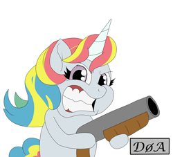 Size: 2893x2631 | Tagged: safe, artist:doaart, imported from derpibooru, pony, unicorn, gun, multicolored hair, not rainbow dash, rainbow hair, shotgun, weapon