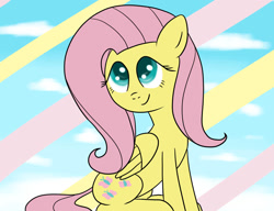 Size: 1019x784 | Tagged: safe, artist:ccortxx, imported from derpibooru, fluttershy, pegasus, pony, cloud, cute, on a cloud, shyabetes, sitting, sitting on a cloud, sky, smiling, solo