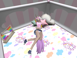 Size: 1024x768 | Tagged: safe, imported from derpibooru, oc, oc only, oc:sugar star, anthro, unicorn, clothes, diaper, female, non-baby in diaper, pacifier, playpen, second life, shoes, skirt
