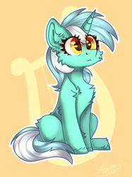 Size: 1196x1600 | Tagged: safe, artist:severe acrophobia, imported from derpibooru, lyra heartstrings, pony, unicorn, chest fluff, cutie mark background, ear fluff, solo, yellow background