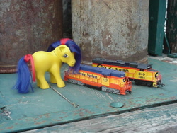 Size: 800x600 | Tagged: safe, artist:lonewolf3878, imported from derpibooru, oc, earth pony, pony, brushable, customized toy, female, g1, irl, locomotive, model train, photo, ponified, toy, train