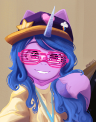 Size: 1428x1818 | Tagged: safe, artist:maren, imported from derpibooru, izzy moonbow, pony, unicorn, cap, clothes, female, g5, glasses, grin, gritted teeth, hat, mare, open mouth, open smile, rapper, selfie, shutter shades, smiling, solo, sunglasses, teeth