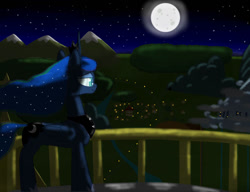Size: 1019x784 | Tagged: safe, artist:ccortxx, imported from derpibooru, princess luna, pony, balcony, castle, cloudsdale, crown, digital art, electricity, everfree forest, jewelry, lights, moon, mountain, night, ponyville, regalia